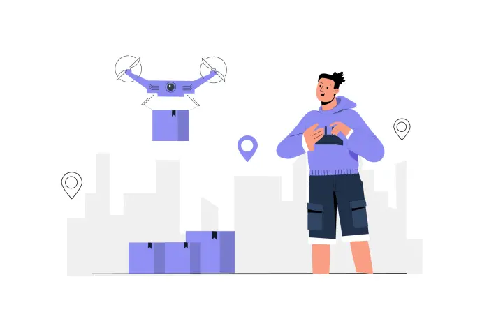 Vector Art Illustration of a Man Flying a Drone to Deliver a Package